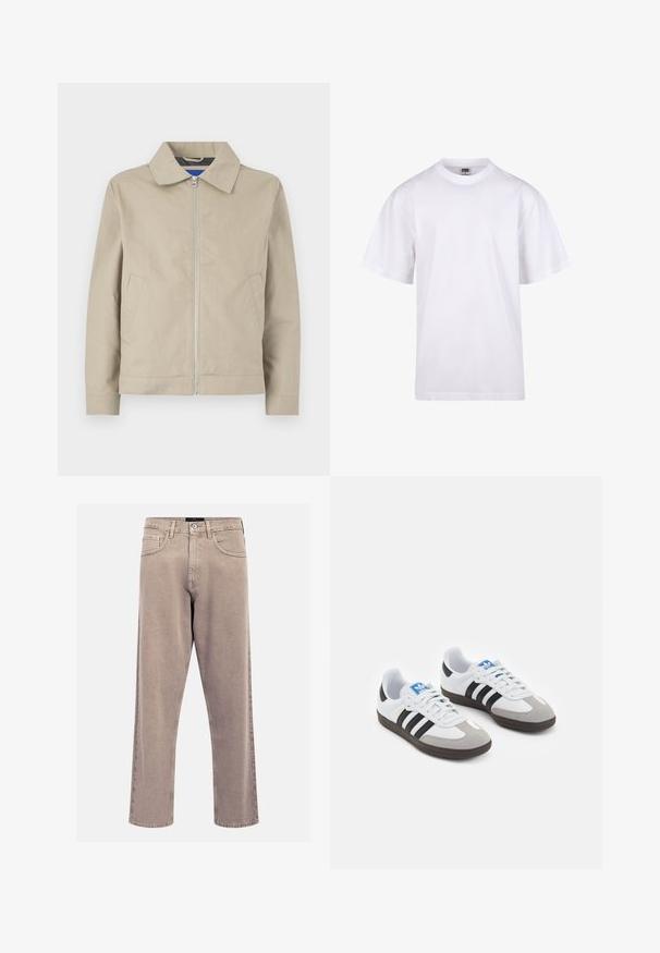 Beige, könnyű dzseki, mely gallérral, cipzáras elülső résszel és oldalsó zsebekkel rendelkezik. Simább anyagból készült, tiszta, minimalista dizájnnal.; Fehér pamut póló kerek nyakkivágással, rövid ujjal és laza szabással. Egyszerű dizájnnal rendelkezik, minták vagy díszek nélkül.; Vaj színű egyenes szabású farmernadrág, klasszikus öt zsebes dizájnnal, varrott részletekkel és letisztult szegéllyel.; Fehér bőr felsőrészes sportcipő, szürke velúrból készült orral és három fekete csíkkal. Jellemzője a kék logó a nyelvén és egy texturált gumitalp.