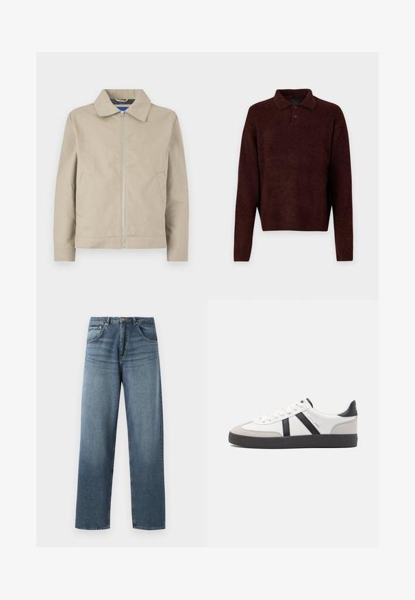 Bež, kerge jakk, mis sisaldab krae, lukuga esiosa ja küljetaskuid. Valmistatud siledast kangast, millel on puhas ja minimalistlik disain.; Pruun kudumiga pehme pullover, millel on polo kaelus, kolm nuppu kaela juures ja pikad varrukad. Pehme tekstuur, ribidega mansetid ja äär.; Sirged sinise denimist teksad sirgjoonesega, heledama pesuga, viie tasku disainiga, metallnööpide ja vöörihmadega. Kindel, keskmise raskusega kangas.; Valged tossud mustade ja hallide aktsentidega, tekstureeritud halli varbakattega, musta kummitald ja lamedad valged paelad. Puhtad jooned, minimalistlik stiil.