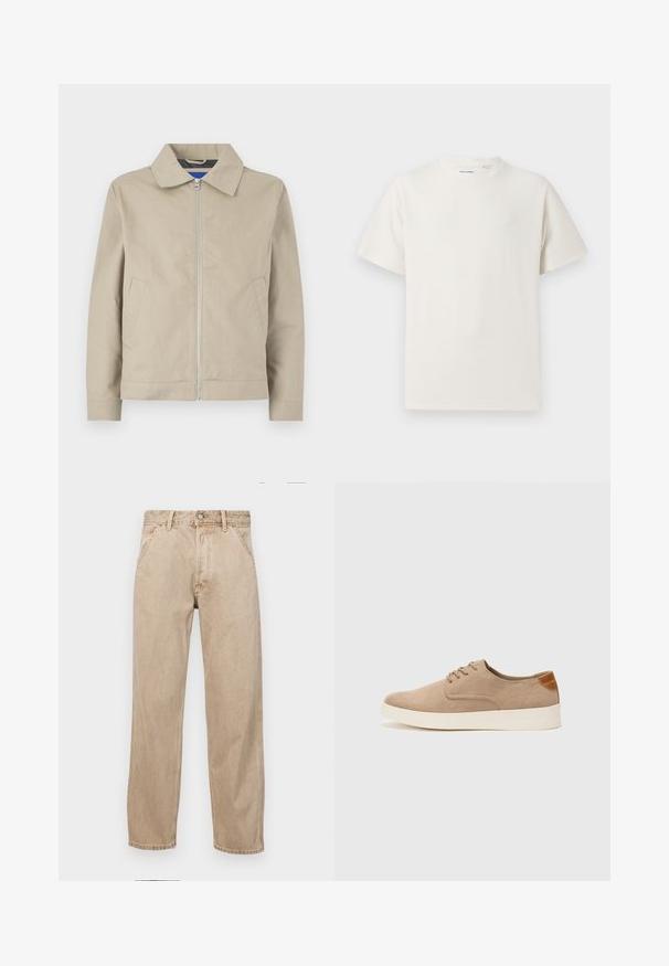 Jachetă ușoară bej, cu guler, fermoar frontal și buzunare laterale. Fabricată dintr-un material neted, cu un design curat și minimalist.; Tricou alb cu maneci scurte, dintr-un material ribbed. Guler rotund, croi lejer, fără modele sau accente vizibile. Design simplu și versatil.; Jeans din denim bej cu un design drept, care prezintă buzunare frontale, închidere cu buton metalic și o textură subtilă.; Tenisi din suede bej cu vârf rotund, sistem de șireturi în față și un accent texturat în spate. Talpa albă din cauciuc oferă un contrast. Design simplu și modern.