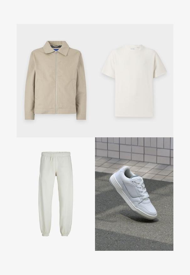 Beige, leichte Jacke mit Kragen, Reißverschluss vorne und seitlichen Taschen. Hergestellt aus glattem Stoff, mit einem klaren, minimalistischen Design.; Weißes T-Shirt mit kurzen Ärmeln in gerippter Textur. Runder Ausschnitt, lockere Passform, keine sichtbaren Muster oder Akzente. Einfaches und vielseitiges Design.; Weiße Jogginghose aus weichem Stoff, mit elastischem Bund und Säumen, einer glatten Textur und lockerem Schnitt.; Weiße Ledersneaker mit perforierten Seiten, strukturierten Akzenten, flachen Schnürsenkeln und einer kontrastierenden grauen Ferse. Verfügt über eine leicht erhöhte Sohle.