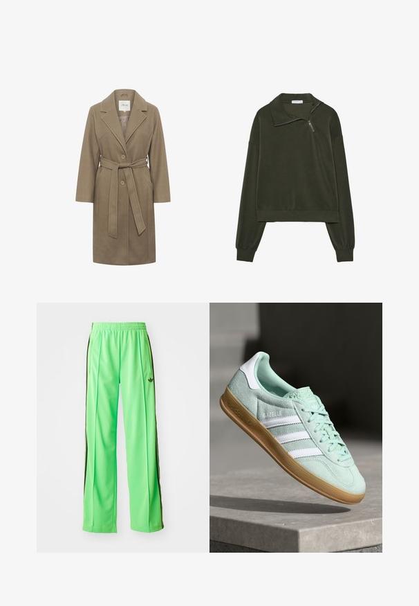 Cappotto khaki con cintura, collo a scialle, due bottoni circolari e tasche laterali. Caratterizzato da una texture liscia e un design su misura.; Felpa cortissima color verde oliva con colletto alto zip, maniche lunghe e polsini a costine. Tessuto liscio con un design minimalista.; Pantaloni sportivi verdi realizzati in un materiale liscio e leggero, con strisce laterali nere e un logo ricamato sul davanti.; Sneaker Adidas Gazelle in suede verde menta con accenti bianchi, chiusura con lacci e suola in gomma color miele. Presenta tre strisce bianche.