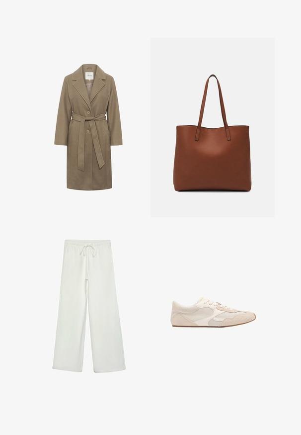 Khakifarbener Mantel mit Gürtel, Reverskragen, zwei runden Knöpfen und Seitentaschen. Bietet eine glatte Textur und einen maßgeschneiderten Schnitt.; Weißer Strickpullover mit hohem Kragen, geripptem Muster und Ballonärmeln. Kürzere Länge mit eng anliegenden Bündchen. Einfaches, einfarbiges Design.; Weiße, weit geschnittene Hose aus weichem Stoff. Mit einem elastischen Bund und einem Kordelzug sowie einer glatten Oberfläche. Keine sichtbaren Muster oder Hardware.; Beige Sneaker mit einer Kombination aus Mesh- und Wildledermaterialien, einer abgerundeten Spitze, Schnürung vorne und einer flachen Gummisohle.; Braune Leder-Tote mit glatter Textur, offenem Oberteil und zwei Schulterriemen. Verfügt über minimale Nähte und keine sichtbaren Beschläge.