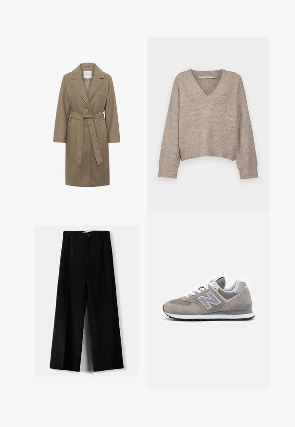 Khaki väst med bälte, notch-krage, två runda knappar och sidofickor. Har en slät textur och skräddarsydd design.; Beige neulottu neulepaita, jossa on V-pääntie ja lyhyt malli. Ominaisuuksiin kuuluu väljät hihat ja teksturoitu kuviointi kauttaaltaan.; Mustat leveälahkeiset housut, jotka on valmistettu kevyestä kankaasta. Housuissa on etunappikiinnitys ja tasainen etuosa, sekä huolellisesti ommellut helmat.; Harmaat lenkkarit, joissa on verkkokangasta ja mokkaa yläosassa, näyttävä vaaleanharmaa "N" logo, valkoiset nauhat ja musta kumipohja.