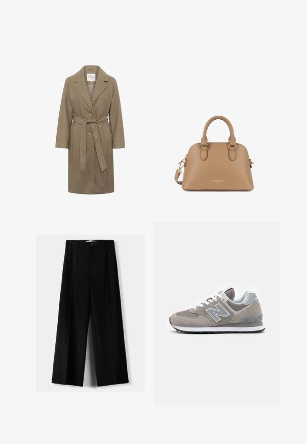 Khakifarbener Mantel mit Gürtel, Reverskragen, zwei runden Knöpfen und Seitentaschen. Bietet eine glatte Textur und einen maßgeschneiderten Schnitt.; Weißes Langarmoberteil aus glattem Stoff mit figurschmeichelnder Silhouette, das einen weiten Bootsausschnitt und dezente Raffungen an der Taille aufweist.; Schwarze weite Hosen aus leichtem Stoff, mit einem Knopfverschluss vorne und flachem Bund, mit sorgfältig genähten Säumen.; Grau sneaker mit einem Obermaterial aus Mesh und Wildleder, das ein auffälliges, hellgraues "N"-Logo, weiße Schnürsenkel und eine schwarze Gummisohle aufweist.; Beige strukturiert Tasche mit zwei kurzen Griffen, goldfarbener Hardware, Logo auf der Vorderseite und abnehmbarem Schultergurt. Glatte Oberfläche.