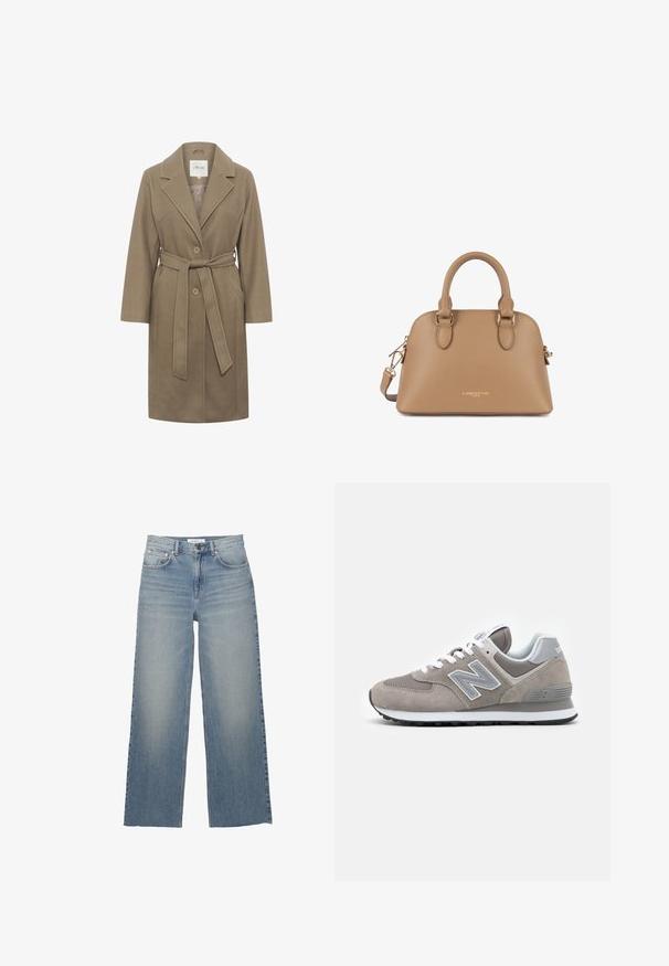 Khaki riemcoat met een ingesneden kraag, twee ronde knopen en zijzakken. Beschikt over een gladde textuur en een getailleerd ontwerp.; Witte langemouwen top gemaakt van gladde stof met een aangesloten silhouet, voorzien van een brede bootnek en subtiele plooien bij de taille.; Lichtblauwe wijdleg jeans van denim, met een hoge taille, voorzakken en een knoopsluiting. Soepele textuur met vervaagde gebieden.; Grijze sneaker met een bovenwerk van mesh en suede, voorzien van een opvallend lichtgrijs "N"-logo, witte veters en een zwarte rubberen zool.; Tassenhandtas met een tan textuur, twee korte handvatten, goudkleurige hardware, logo aan de voorkant en een afneembare schouderriem. Gladde afwerking.