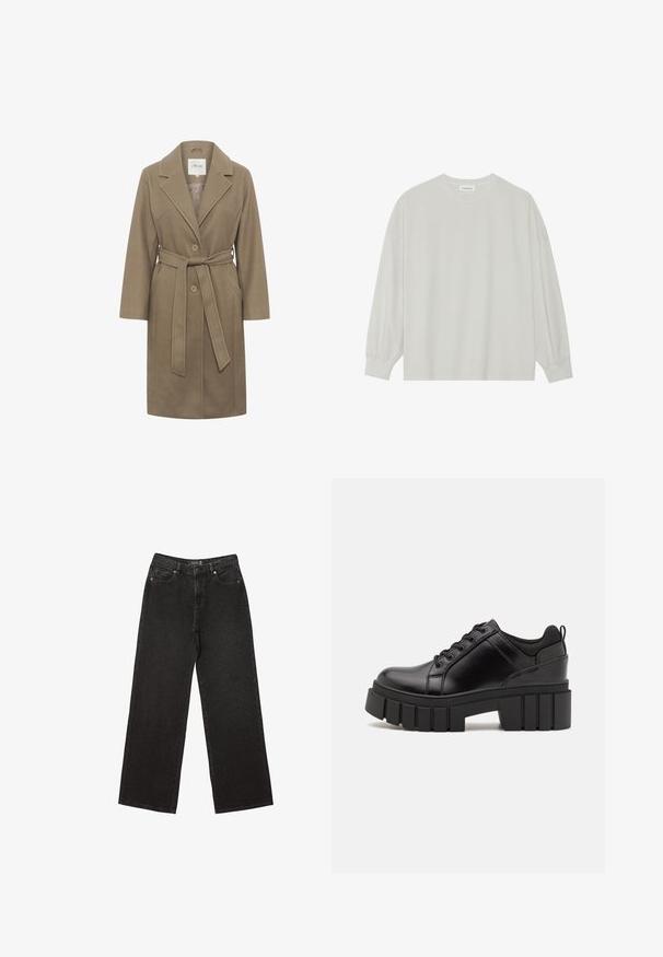 Khaki kabát s opaskom, s klopovým golierom, dvoma obláčikmi a postrannými vreckami. Má hladkú textúru a prispôsobený dizajn.; Svetlošedé tričko s dlhým rukávom vyrobené z jemnej bavlny. Má voľný strih, okrúhly výstrih a jemne náramkové manžety. Bez vzorov alebo grafiky.; Čierne široké džínsy vyrobené z denimu, s malými bodkovanými vzormi, klasickým dizajnom s piatimi vreckami a zapínaním na gombík a zips.; Čierne kožené platformy s masívnym blokovým podpätkom, okrúhlou špičkou a tradičným šnurovaním. Má hladký povrch a minimálne detaily.
