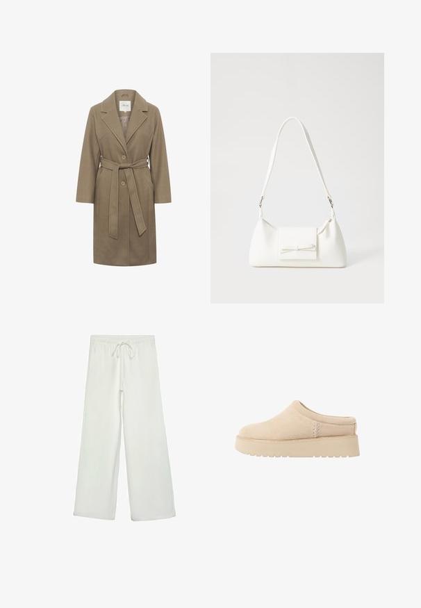 Khaki kabát se šálovým límcem, dvěma kulatými knoflíky a bočními kapsami. Má hladkou strukturu a přizpůsobený design.; Bílá bavlněná tričko s kulatým výstřihem, krátkými rukávy a přiléhavým střihem. Hladká textura bez vzorů nebo ozdob.; Bílé kalhoty s širokými nohavicemi vyrobené z měkké tkaniny. Mají elastický pas se stahovací šňůrkou a hladkou strukturu. Žádné viditelné vzory ani kovové prvky.; Krémové semišové boty na klínku s kulatou špičkou a silnou, texturovanou podrážkou. Vyznačují se minimálním šitím a měkkým designem.; Bílá syntetická kabelka v trojúhelníkovém tvaru, s plochým předním klopným víkem a detailem mašle, nastavitelným popruhem, hladkým povrchem a minimalistickým designem.