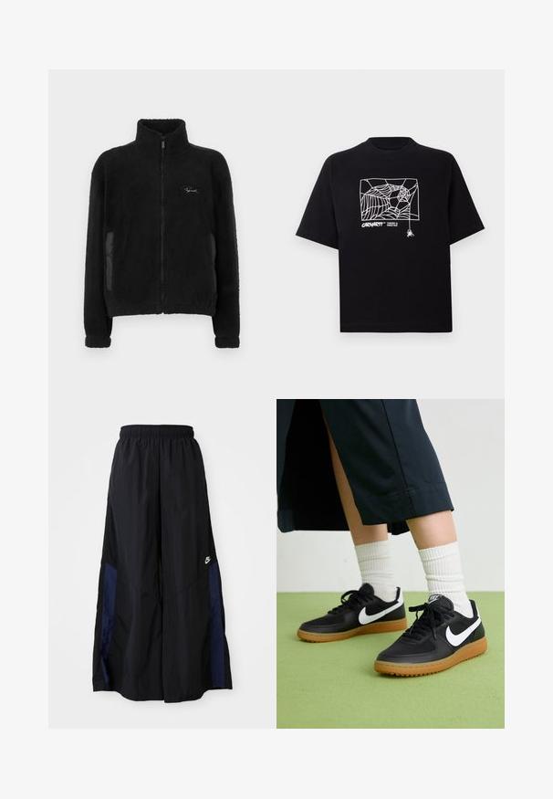 Svart fleecejakke med høy krage, glidelås, myk tekstur, sidelommer og brodert logo på øvre venstre brystområde.; Svart T-skjorte laget av bomull med korte ermer. Har et hvitt edderkoppnett grafikk og logo på fronten. Enkel rund hals.; Svarte vide bukser laget av lett stoff, med et marineblått sidestykke og elastisk midjebånd. Liten hvit logo nederst.; Sorte lær- og syntetiske joggesko med hvit Nike swoosh, gummisåle, rund tå og sorte lisser. Ribbet hvite sokker synlige.