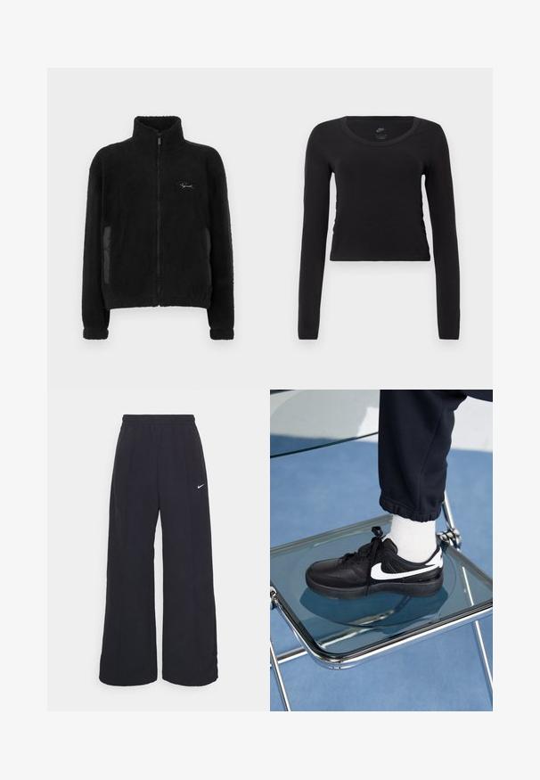 Černá fleecová bunda s vysokým límcem, zapínáním na celý zip a bočními kapsami s hladkými látkovými doplňky. Jemná textura po celé ploše.; Černé bavlněné tričko s dlouhým rukávem a zkráceným střihem. Má kulatý výstřih a jemné detailní nařasení na bocích pro přiléhavý vzhled.; Černé kalhoty s širokými nohavicemi, elastickým pasem a malým bílým logem Nike. Tkanina má hladkou strukturu, navrženou pro pohodlí a každodenní nošení.; Černé tenisky Nike s bílými akcenty, s hladkou koženou texturou, šněrovacím designem a zaoblenou špičkou, umístěné na skleněné židli.