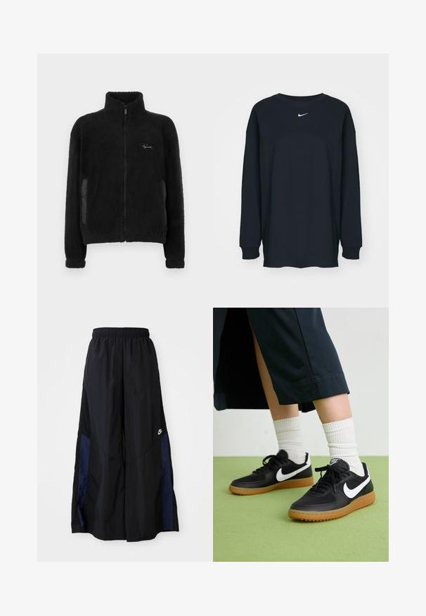 Casaco de fleece preto com colarinho alto, fecho com zip, textura peluda, painéis laterais e logótipo bordado na parte superior esquerda do peito.; Camisola preta de mangas longas feita de algodão com decote redondo. Apresenta um logótipo branco da Nike no peito. Textura suave, design simples.; Calças largas pretas feitas de tecido leve, com um painel lateral azul-marinho e cintura elástica. Pequeno logótipo branco na parte inferior.; Sapatilhas pretas em couro e sintético com o logo da Nike em branco, sola de borracha tipo goma, bico redondo e atacadores pretos. Meias brancas com frunces visíveis.