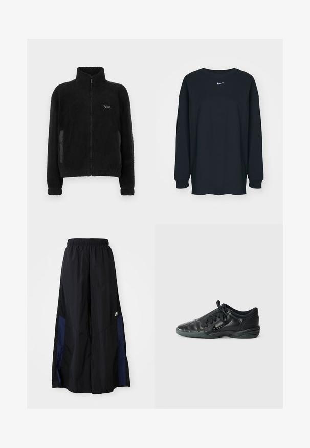 Μαύρο φλις μπουφάν με ψηλό γιακά, φερμουάρ, απαλή υφή, πλευρικά πάνελ και κεντητό λογότυπο στην επάνω αριστερή περιοχή του στήθους.; Μαύρο μακρυμάνικο μπλουζάκι φτιαγμένο από βαμβάκι με στρογγυλή λαιμόκοψη. Διαθέτει το λευκό λογότυπο της Nike στο στήθος. Μαλακή υφή, απλός σχεδιασμός.; Μαύρο παντελόνι με φαρδιά πόδια, κατασκευασμένο από ελαφρύ ύφασμα, με μπλε ναυτική πλευρική λωρίδα και ελαστική μέση. Μικρό λευκό λογότυπο στο κάτω μέρος.; Μαύρο αθλητικό παπούτσι από δέρμα με καπιτονέ σχέδιο, στρογγυλή μύτη, κορδόνια μπροστά και ελαστική σόλα. Διαθέτει διακριτική επωνυμία στο πλάι.