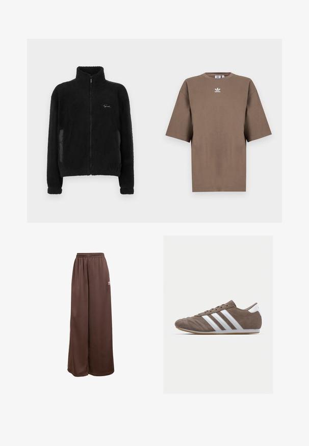 Mustmustest musta jope kõrge krae, tõmbluku sulgemine, pehme tekstuur, külgpaneelid ja broderdatud logo vasaku rinna ülaosas.; Pruun puuvillane T-särk lühikeste varrukatega, ümar kaelus ja valge Adidas'i logo keskpunktis rinnal, lihtne disain ja mugav lõige.; adidas Originals Dresside alumine osa - auburn cream white; Pruun nahast spordijalanõud valgete triipudega, ümar varvas, lipsukujuline disain ja kummi kummipõhi. Tekstuuriga ülemine osa koos õmblustetailidega.