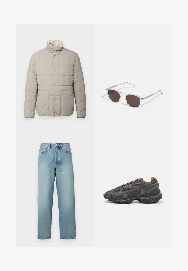 Light gray quilted jacket with a high collar, snap buttons, and two front pockets. Soft exterior and interior lining, featuring a subtle logo.; Black long-sleeve t-shirt made of cotton, featuring a round neckline and a small green embroidered crocodile logo on the left chest.; Light blue denim jeans with a loose fit, straight legs, five-pocket design, and a button closure at the waist. Minimalistic stitching detail.; Lacoste sneakers in dark gray with mesh and synthetic material, featuring a textured sole and brown accents on the collar and branding.; Clear plastic sunglasses with rectangular brown lenses, featuring thin, transparent arms and metal accents on the temples.