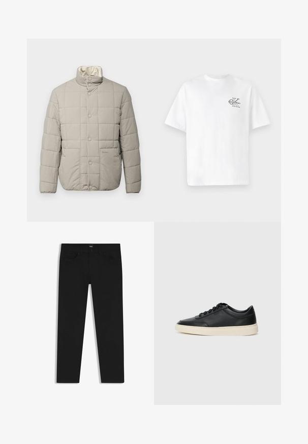Light gray quilted jacket with a high collar, snap buttons, and two front pockets. Soft exterior and interior lining, featuring a subtle logo.; White cotton t-shirt with short sleeves, crew neck, featuring a black CK logo on the left chest area, standard fit, smooth texture.; Black denim trousers with a straight cut, featuring a standard waistband, five pockets, and a button closure. Smooth texture throughout.; Black low-top leather sneaker with black laces and off-white sole shown in side profile on white background.