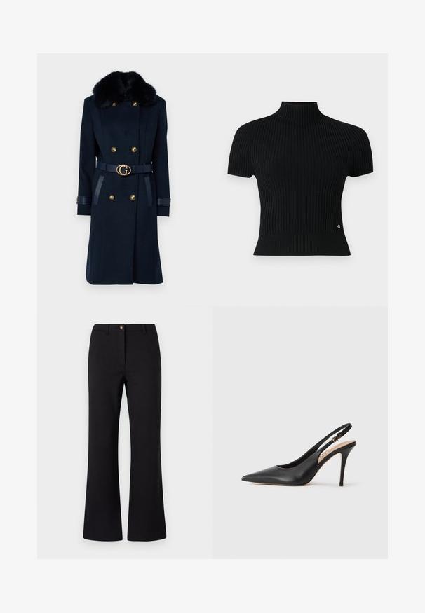 Guess AMELIA DOUBLE BREAST - Klassischer Mantel - blau; Schwarzes, kurzärmliges, geripptes Oberteil mit hohem Kragen, das eine figurbetonte Silhouette und ein dezentes Logo-Accent in der Taille aufweist.; Schwarze ausgestellte Hose aus glattem Stoff, mit einem vorderen Knopfverschluss, Gürtelschlaufen und einem klaren, taillierten Design.; Schwarze Leder-Slingback-Pumps mit spitzer Zehenform, glatter Textur und einem zarten Riemen mit einer metallischen Schnalle.