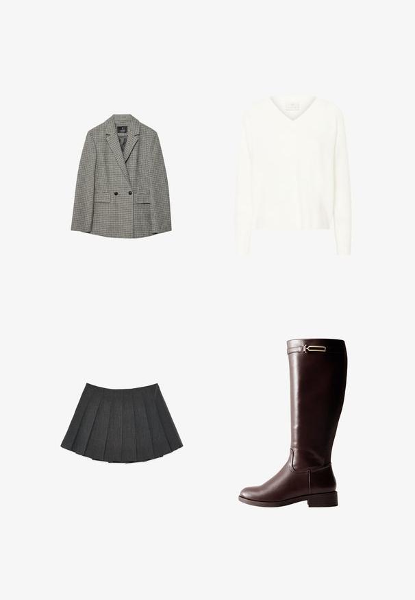 Blazer mit Hahnentritt-Muster in Schwarz und Weiß, leichtes Material, taillierte Schnittführung, mit Reverskragen und zwei Vorderentaschen.; Weißer V-Ausschnitt-Pullover aus weichem Stoff, mit langen Ärmeln und lockerer Passform. Subtle Rippstruktur an den Bündchen und dem Saum.; Plissierter Rock in Dunkelgrau, aus einem strukturierten Stoff gefertigt. Hat eine ausgestellte Silhouette mit gleichmäßig verteilten Falten und einem flachen Taillenbund.; Dunkelbraune knielange Lederstiefel mit niedrigem Blockabsatz und dekorativem goldenen Metallschnalle nahe der Oberseite.