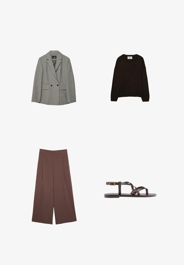 Blazer mit Hahnentritt-Muster in Schwarz und Weiß, leichtes Material, taillierte Schnittführung, mit Reverskragen und zwei Vorderentaschen.; Dunkelbrauner Strickpullover mit Rundhalsausschnitt, überschnittenen Schultern, gerippten Bündchen und Saum, der eine weiche Textur und eine entspannte Passform aufweist.; Braune Weite-Leg-Hosen mit einer glatten Textur, hoher Taille und Vorderfalten. Der Stoff ist leicht und fällt locker.; Braune Leder-Sandale mit überkreuzten Riemen, einem Knöchelriemen mit Schnalle und einer flachen Sohle mit minimalen Nähdetails.