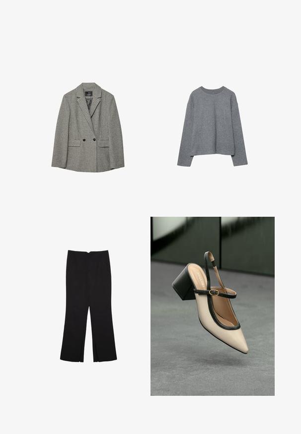 Mustat ja valkoiset houndstooth-kuosiset bleiseri, kevyttä kangasta, kaksirivinen malli, huiput läppä, ja kaksi etutaskua.; Harmaa lyhythihainen neulepusero, joka on valmistettu pehmeästä neuloksesta. Puserossa on ribbausviimeistely kauluksessa ja pitkät hihat, rento istuvuus sekä minimaalinen yksityiskohtaisuus.; Mustat housut suoralinjaisella leikkauksella, joissa on etutaskut ja sivurei'ät helman alla. Valmistettu pehmeästä ja sileästä kankaasta. Sopii eri tilaisuuksiin.; Beige slingback-kengät, joissa on musta reuna, kultahakas, ja paksu lohkoheel, harmaalla lattialla tummanvihreää taustaa vasten.