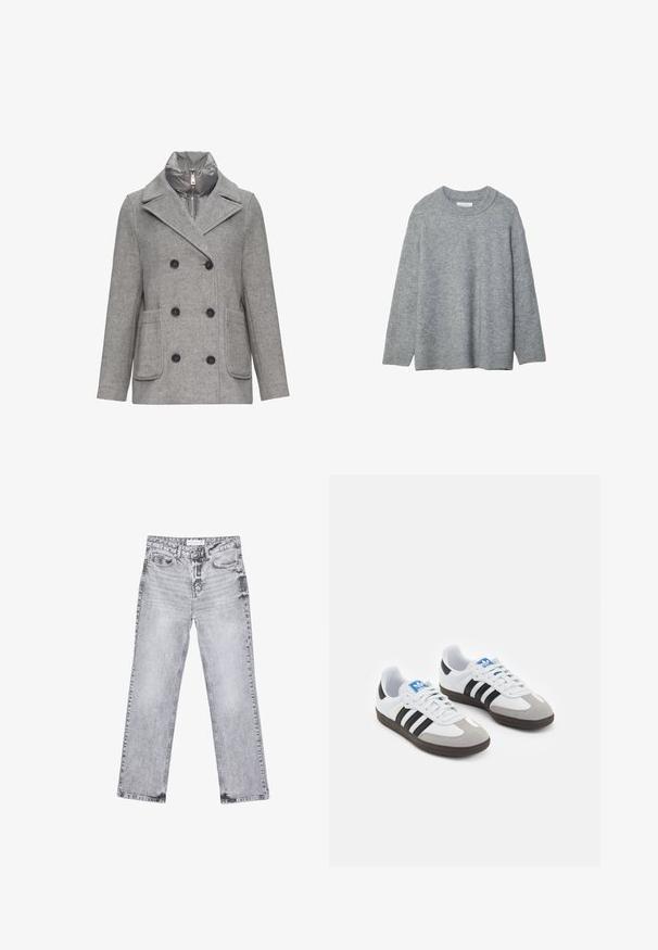 Grau melierter Wollmischmantel mit doppelter Knopfleiste, großen schwarzen Knöpfen, zwei vorderen Taschen und einer herausnehmbaren gesteppten Innenschicht.; Grauer gestrickter Pullover mit Rundhalsausschnitt, herunterhängenden Schultern und gerippten Bündchen. Weiche Textur und lockere Passform. Keine Muster oder Akzente.; Graue Jeans aus Denim mit geradem Bein, mit Used-Effekten, fünf Taschen und kupferfarbenen Nieten. Der Bund verfügt über ein Logoshirt.; Sportschuhe mit einem Obermaterial aus weißem Leder, grauer Wildleder-Zehenkappe und drei schwarzen Streifen. Sie verfügen über ein blaues Logo auf der Zunge und eine strukturierte Gummisohle.