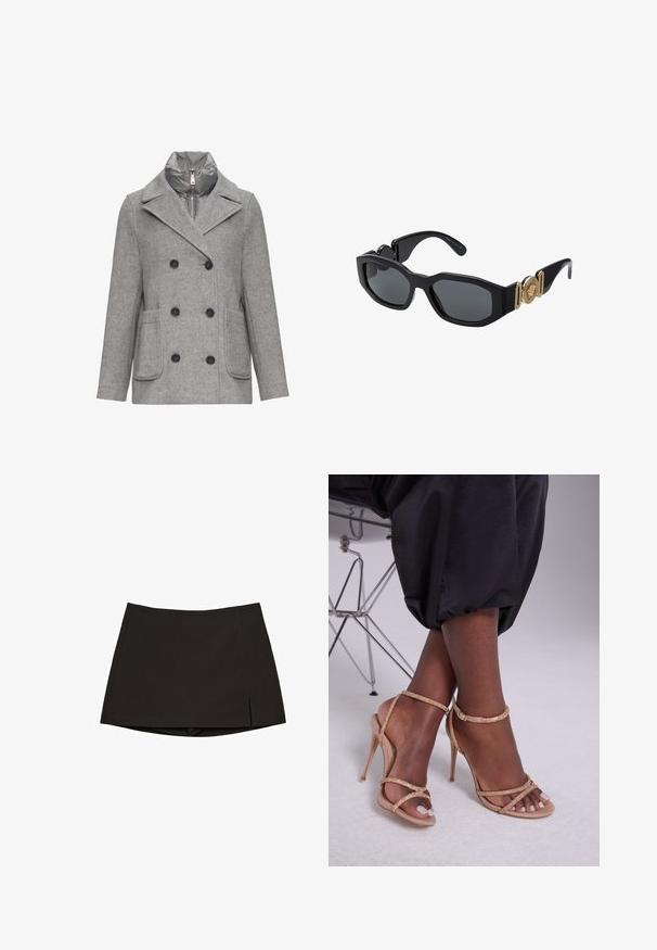 Szary płaszcz z wełny w mieszance, z podwójnym zapięciem, dużymi czarnymi guzikami, dwoma przednimi kieszeniami oraz odpinaną ocieplaną warstwą wewnętrzną.; Biała koszula z długim rękawem, klasycznym kołnierzykiem i małym niebieskim logo na mankiecie. Gładki materiał bawełniany, dopasowany krój.; Czarna mini spódnica wykonana z gładkiego materiału, o prostym kroju z bocznymi rozcięciami i czystym wykończeniem. Prosta i uniwersalna.; Beżowe sandały na obcasie ozdobione kryształami, z odkrytymi palcami, cienkimi paskami i elegancką sylwetką.; Czarne okulary przeciwsłoneczne z masywną, geometryczną ramką, ciemnymi soczewkami i złotymi metalowymi akcentami na zausznikach, z okrąłym detalem herbu.; Szary wełniany szalik o miękkiej teksturze, prostokątnym kształcie i frędzlach na brzegach. Tkanina posiada subtelny wzór splotu.; Portfel na nadgarstek marki Michael Kors w beżowej, pokrytej płótnem, z powtarzającym się wzorem logo MK, złotym okuciem i odpinanym łańcuszkowym paskiem.