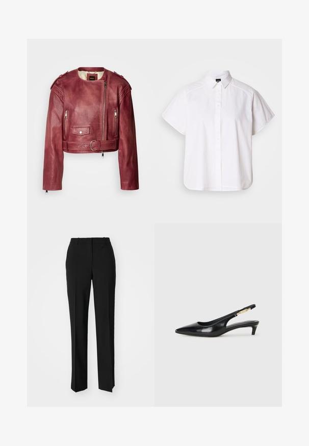 Jachetă scurtă din piele de un burgund profund, cu guler rotund și croială scurtă. Prezintă fermoare, talie cu curea și căptușeală matlasată.; Cămașă albă cu mânecă scurtă, cu nasturi, guler ascuțit și margine curbă. Fabricată din bumbac, cu o textură netedă și fără modele vizibile.; Pantaloni negri tailor-ed cu un design drept, având o textură fină și cute clare pe față. Fără elemente de prindere vizibile.; Sandale slingback din piele neagră cu vârf ascuțit, având un toc subțire și un accent de culoare aurie pe curea ajustabilă. Textură netedă.