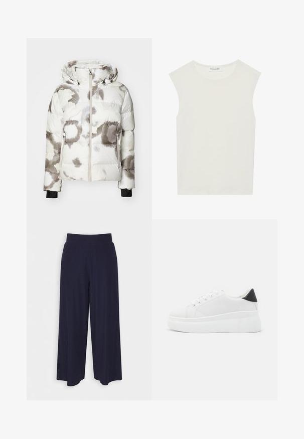 Fehér puffernyakú dzseki szürke és barna absztrakt mintákkal. Kapucnival, elöl cipzárral és rugalmas mandzsettákkal rendelkezik a szoros illeszkedés érdekében.; Fehér ujjatlan felső, kerek nyakkivágással. Simább anyagból készült, laza fazonnal és minimalista kialakítással rendelkezik. Nincsenek minták vagy díszítések.; Sötét kék anyagból készült, széles lábú nadrág, bordás textúrával. Simább derékrésszel és laza szabással rendelkezik, a vádli közepéig ér.; Fehér platform sportcipők sima szintetikus anyagból, lekerekített orral, fűzős kialakítással és texturált gumitalppal. Fekete sarokdísz.