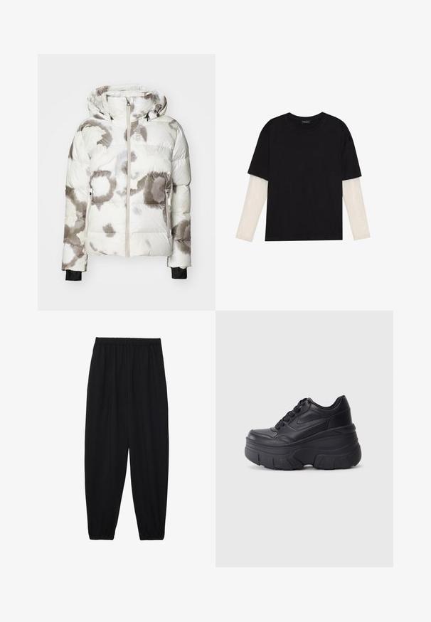 Bílá puffer bunda se šedými a hnědými abstraktními vzory. Má kapuci, přední zip a elastické manžety pro těsné padnutí.; Černé tričko z bavlny s krátkým rukávem, pod kterým je bílá podvlékací halenka s dlouhým rukávem a jemným texturovaným vzorem. Design s kulatým výstřihem.; Černé, lehké kalhoty s elastickým pasem a nařasenými kotníky. Tkanina je hladká a má uvolněný, zúžený design.; Černé šněrovací tenisky s robustní podrážkou, s hladkým koženým svrškem, zaoblenou špičkou a výrazným vrstveným designem platformy.