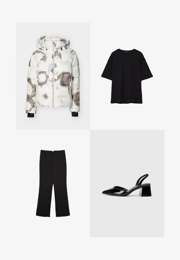 Valkoinen puhvitakki, jossa on harmaita ja ruskeita abstrakteja kuvioita. Takissa on huppu, etuvetoketju ja elastiset hihansuut mukavan istuvuuden takaamiseksi.; Musta puuvillainen t-paita, jossa on rento leikkaus, lyhyet hihat, pyöreä pääntie ja sileä rakenne. Ei näkyviä kuvioita tai yksityiskohtia.; Mustat housut suoralinjaisella leikkauksella, joissa on etutaskut ja sivurei'ät helman alla. Valmistettu pehmeästä ja sileästä kankaasta. Sopii eri tilaisuuksiin.; Mustat patentoitu nahkakengät, joissa on säären takaosa ja terävä kärki, sekä geometrinen palikkakorko. Sisältää tyylikkään, minimalistisen muotoilun ja sileän pinnan.