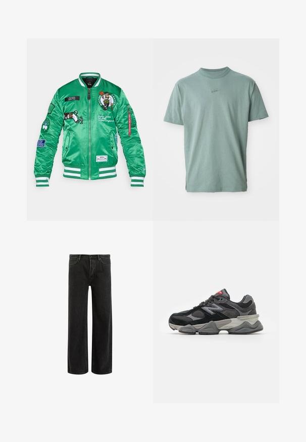 Roheline satiinist bomber-jakk, millel on Boston Celticsi logo, tikandid, triibulised varrukad ja hem ning mitmed plaastrid varrukatel.; Roheline puuvillane T-särk lühikeste varrukatega, soonikkrae ja broderitud Nike logo rindkere kohal. Sile struktuur ja lõdvestatud lõige.; Mustadest denimist laiad püksid kõrge vöökoht, klassikalise viie taskuga disain ja õrn pleekinud välimus tekstuurilise ilme saavutamiseks.; Must muste ja hall tossud, mis on tehtud segu sametist ja võrkmaterjalist, pakse vahetallaga, silmapaistva logoga ja punase aktsendiga keelel.