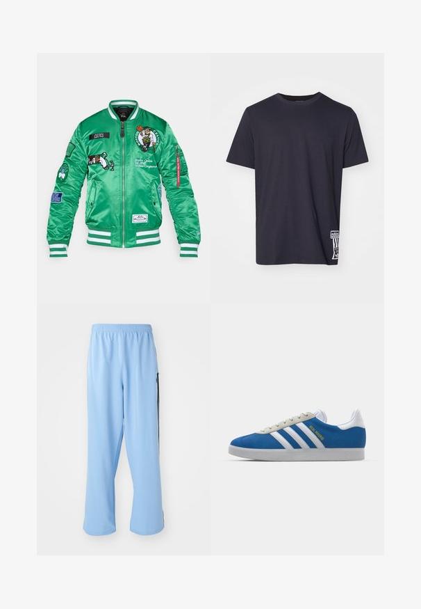 Πράσινο σατέν μπουφάν bomber με λογότυπα των Boston Celtics, κεντημένα διακοσμητικά στοιχεία, ριγέ μανίκια και στρίφωμα, καθώς και πολλαπλές επιPatch σε μανίκια.; Μαύρο βαμβακερό T-shirt με στρογγυλή λαιμόκοψη, κοντά μανίκια και λευκή ετικέτα λογότυπου στο κάτω μέρος. Λείος υφασμάτινος τύπος, κανονική εφαρμογή.; Ανοιχτό μπλε αθλητικά παντελόνια από λείο ύφασμα, με ελαστική μέση και αντίθετες μαύρες ρίγες στα πλάγια.; adidas Originals ADIDAS GAZELLE SHOES - Μπότες ποδοσφαίρου εσωτερικού χώρου - real madrid/bluebird/footwear white/crew yellow