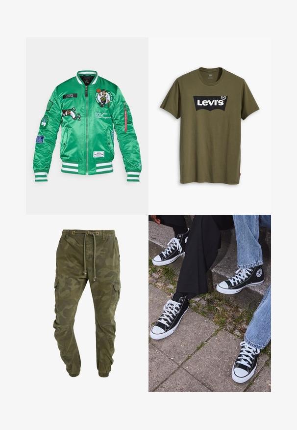 Grønn sateng bomberjakke med Boston Celtics-logoer, broderte detaljer, stripete mansjetter og hem, samt flere lapper på ermene.; Olivengrønn bomulls-t-skjorte med en stor svart Levi's-logo i en kontrasterende, halvbuet form over brystet. Normal passform.; Kamikmønstrede grønne cargo-bukser med snøre i taljen, elastiske manchetter og sidelommer. Laget av slitesterkt stoff.; Sorte høyre sneakers i kanvas med hvite gummisåler og snøringer, med et rundt logo på siden og kombinert med denim og sorte bukser.