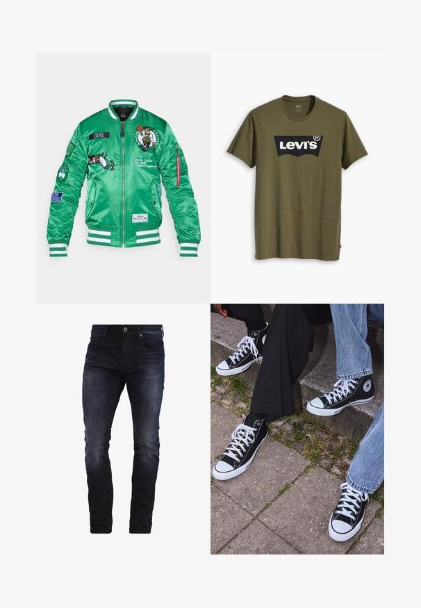 Casaco bomber de cetim verde com logótipos dos Boston Celtics, detalhes bordados, punhos e bainha às riscas, e vários emblemas nas mangas.; T-shirt de algodão verde-oliva com um grande logótipo preto da Levi's em forma semi-arqueada contrastante no peito. Corte regular.; Jeans ajustados azul escuro com ligeira descoloração nas coxas e joelhos, apresentando bolsos frontais, passantes para cinto e fecho com botão.; Sneakers de lona pretos de cano alto com solas e atacadores brancos, apresentando um logótipo circular de lado e combinados com calças de ganga e calças pretas.