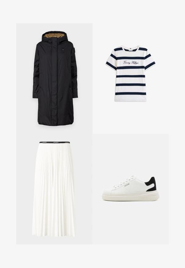 Schwarzer isolierter Mantel mit Kapuze, Frontreißverschluss und zwei seitlichen Taschen. Verfügt über ein kontrastierendes goldenes Futter und eine glatte, matte Außenseite.; Baumwoll-T-Shirt mit horizontalen navy-blauen Streifen auf weißem Hintergrund. "Tommy Hilfiger" in Kursivschrift auf der Brust gestickt. Runder Halsausschnitt.; Faltenrock aus Weiß mit einem schwarzen elastischen Bund, der das "LACOSTE"-Logo trägt. Mittellanges Design mit weicher Textur.; Weiße Leder-Sneaker mit einer dicken weißen Sohle, schwarzem Wildlederakzent an der Ferse und geprägtem Logo an der Seite. Schnürdesign mit sechs Ösen.