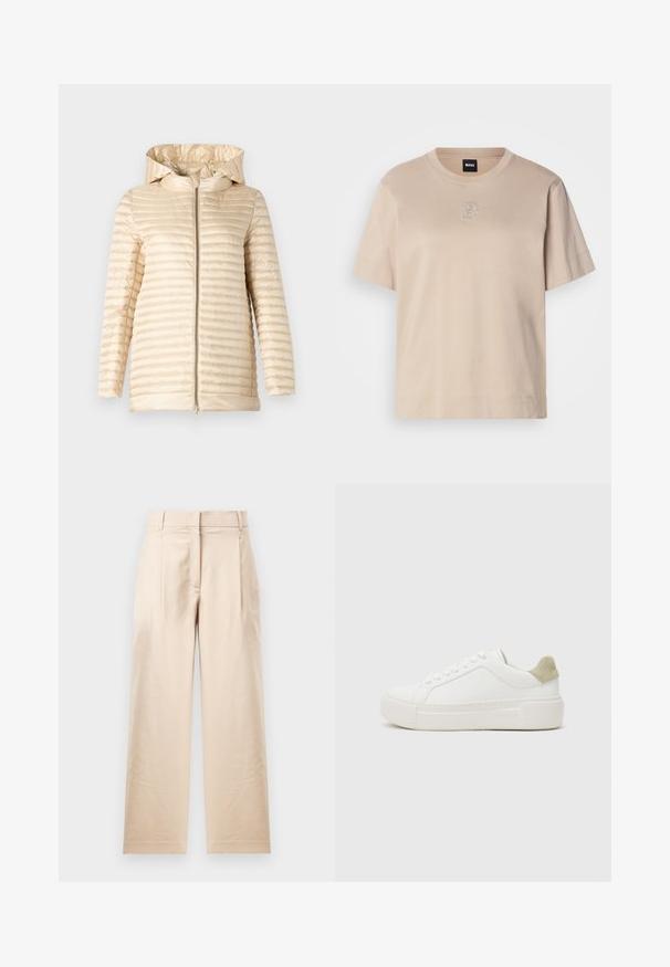 Wattierte Jacke in hellem Beige mit Kapuze, ausgestattet mit horizontaler Steppstruktur und einem Frontreißverschluss. Glattes Material und mittellanges Design.; Beige T-Shirt aus Baumwolle mit kurzen Ärmeln und rundem Ausschnitt sowie einem kleinen gestickten überlappenden "B"-Logo in der Mitte vorne.; Beige Hose aus glattem Stoff. Mit geradem Schnitt, flachem Bund und zwei Falten. Keine sichtbaren Muster oder Beschläge.; Weißer Sneaker mit einem Obermaterial aus glattem Leder, hellgrauem Wildlederbesatz an der Ferse und einer klobigen weißen Gummisohle. Mit Schnürdesign.