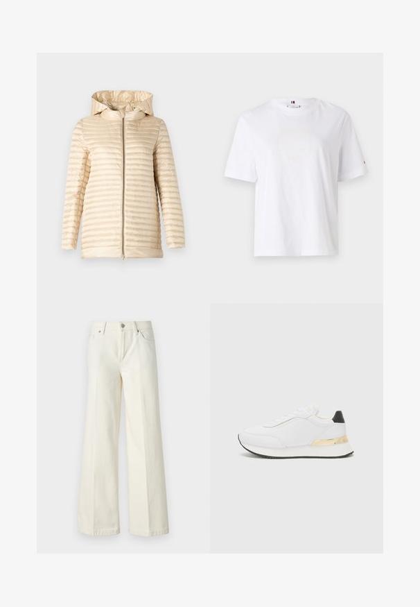 Giubbotto imbottito in beige chiaro con cappuccio, caratterizzato da una texture trapuntata orizzontale e chiusura frontale con zip. Materiale liscio e design di lunghezza intermedia.; T-shirt bianco in cotone con scollo rotondo, maniche corte e un discreto logo giallo che recita "HILFIGER NEW YORK 1985." Vestibilità standard.; Jeans bianchi a gamba larga realizzati in tessuto misto cotone. Presentano una chiusura lampo, design a cinque tasche e cuciture lungo le cuciture.; Sneaker bianco con finitura liscia, caratterizzato da un accento sul tallone nero e un dettaglio metallico dorato sulla suola intermedia. Design con lacci, suola in gomma.