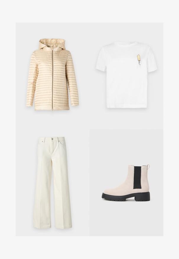 Veste rembourrée de couleur beige clair avec une capuche, présentant une texture matelassée horizontale et une fermeture éclair à l'avant. Matériau lisse et design mi-long.; T-shirt blanc en coton à manches courtes, présentant un graphique minimaliste de popsicle jaune brodé sur la partie gauche de la poitrine.; Jean blanc à jambes larges en tissu mélangé de coton. Caractéristiques : fermeture à glissière, format cinq poches et coutures le long des coutures.; Bottine Chelsea en suède beige avec panneau latéral élastique noir, semelle épaisse noire et languette au niveau de la cheville.