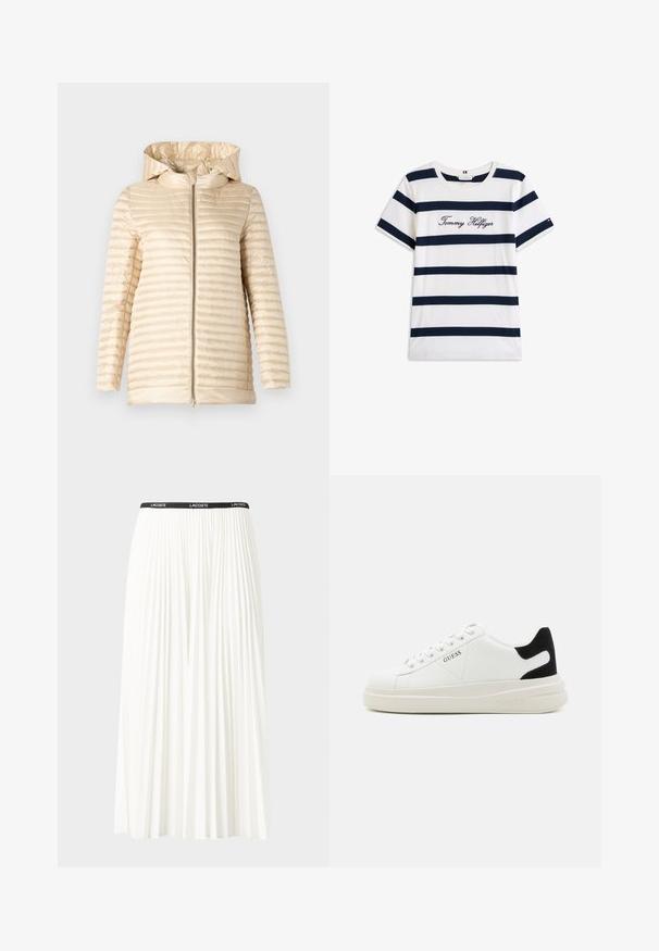 Wattierte Jacke in hellem Beige mit Kapuze, ausgestattet mit horizontaler Steppstruktur und einem Frontreißverschluss. Glattes Material und mittellanges Design.; Baumwoll-T-Shirt mit horizontalen navy-blauen Streifen auf weißem Hintergrund. "Tommy Hilfiger" in Kursivschrift auf der Brust gestickt. Runder Halsausschnitt.; Faltenrock aus Weiß mit einem schwarzen elastischen Bund, der das "LACOSTE"-Logo trägt. Mittellanges Design mit weicher Textur.; Weiße Leder-Sneaker mit einer dicken weißen Sohle, schwarzem Wildlederakzent an der Ferse und geprägtem Logo an der Seite. Schnürdesign mit sechs Ösen.