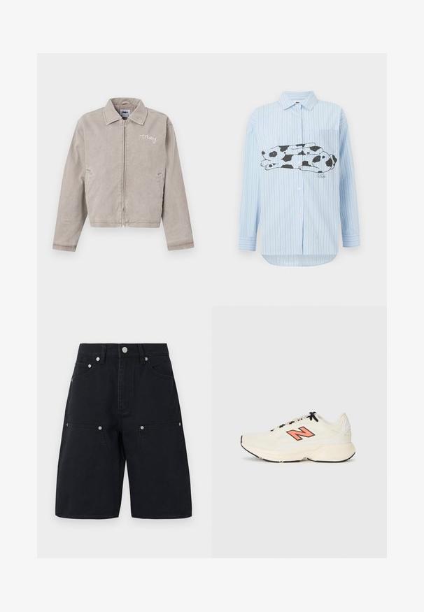 Grå cropped jakke i kordfløjl med krave, frontlynlås og broderet logo på brystet. Har sidelommer og ensartet tekstur.; Lyseblå stripete langermet skjorte med en svart-hvitt grafikk av en liggende kanin på forsiden. Knapp-til-ned krage og lommedetalj.; Sorte denimshorts med rett ben-design, med to frontlommer og sølvfargede mekanismer. Teksturert stoff med sømdetaljer.; Kremfargede idrettssko med svarte snørebånd, tykk såle og oransje "N"-logo på siden, vist fra venstre profil på hvit bakgrunn.