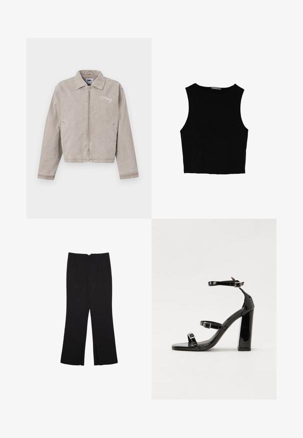 Siva kratka jakna iz kordarja s ovratnikom, sprednjim zadrgo in izvezenim logotipom na prsih. Ima stranske žepe in enostavno teksturo.; Črn brez rokavov crop top, izdelan iz gladkega materiala, z okroglim izrezom in čistim, preprostim dizajnom brez vzorcev ali dodatkov.; Črne hlače ravnega kroja z naglavnimi žepi in stranskimi razporki na robu. Narejene iz mehke, gladke tkanine. Primerne za različne priložnosti.; Črne lakirane sandale s peto, kvadratnim prstom, trakovi okrog gležnja in srebrnimi zaponkami. Opremljene so s stabilno Debelo peto.
