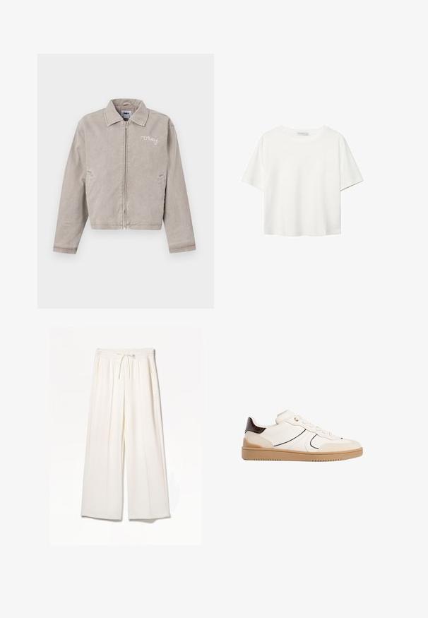 Grå kort jacka i manchester med krage, framdragkedja och broderad logotyp på bröstet. Har sidofickor och slät textur.; Vit t-shirt med kort ärm i bomull. Har en rundad halsringning och en avslappnad passform. Slät textur utan synliga mönster eller detaljer.; Vita vida byxor i lätt tyg, med elastisk midja, dragsko och sidofickor utan synliga mönster.; Stradivarius Sneakers - white