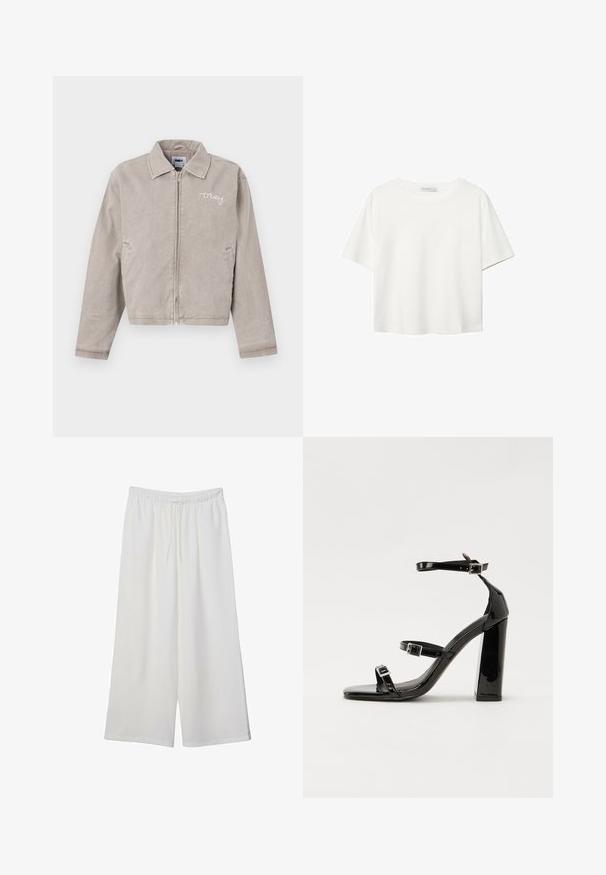 Siva kratka jakna iz kordarja s ovratnikom, sprednjim zadrgo in izvezenim logotipom na prsih. Ima stranske žepe in enostavno teksturo.; Bela kratka majica s kratkimi rokavi iz bombaža. Ima okroglo izrezovanje in sproščen kroj. Gladka tekstura brez vidnih vzorcev ali poudarkov.; Bele široke hlače iz lahkega materiala, ki imajo elastičen pas in vrvico za prilagajanje. Gladka tekstura.; Črne lakirane sandale s peto, kvadratnim prstom, trakovi okrog gležnja in srebrnimi zaponkami. Opremljene so s stabilno Debelo peto.