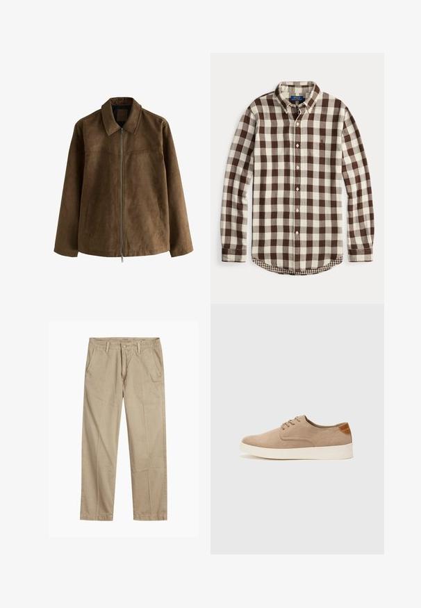 Chaqueta de ante marrón con mangas largas, cierre frontal de cremallera, dos bolsillos laterales y cuello puntiagudo.; Camisa de manga larga con botones, con patrón a cuadros en tonos marrón y crema, cuello abotonado y un sutil logo bordado en el pecho.; Chinos beige de pierna recta con trabillas para cinturón, cierre de botón y cremallera en la parte delantera, y bolsillos delanteros inclinados.; Zapatillas de ante beige con puntera redondeada, cordones en la parte delantera y un acento texturizado en la parte trasera. La suela de goma blanca proporciona contraste. Diseño sencillo y moderno.