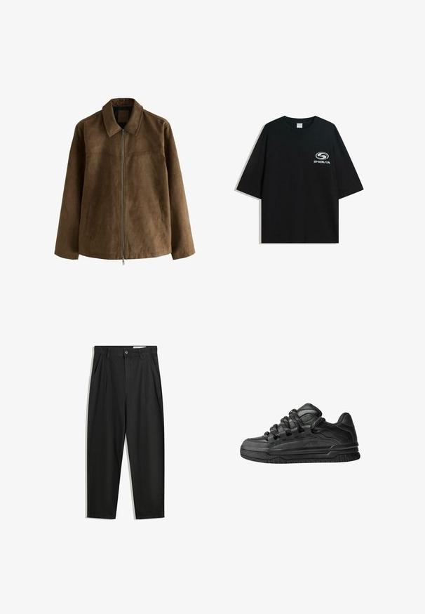 Brązowa zamszowa kurtka z długimi rękawami, zamek błyskawiczny z przodu, dwie boczne kieszenie i spiczasty kołnierz.; Czarna, oversize bawełniana koszulka z okrągłym dekoltem i krótkimi rękawami, z białym logo "Shibuya" nadrukowanym na przodzie.; Czarne bawełniane spodnie o luźnym kroju, z klasycznym pasem, przednimi plisy oraz bocznymi kieszeniami. Gładka struktura, bez wzorów.; Czarne sneakersy z gładką skórzaną cholewką, teksturowanymi akcentami i okrągłymi czarno-białymi sznurowadłami. Gruba gumowa podeszwa z wzorzystym bieżnikiem.