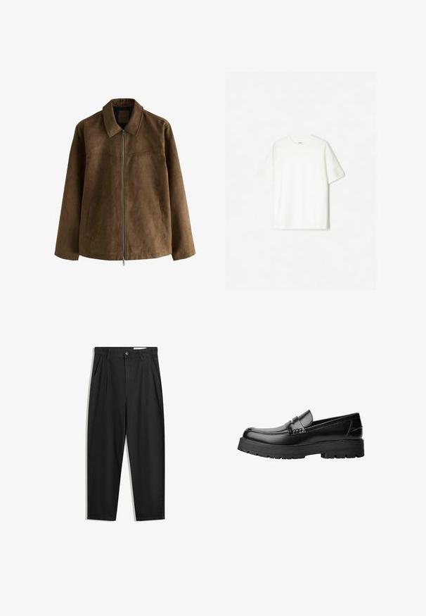 Hnedý zamakový kabát s dlhými rukávmi, predným zipsom, dvoma bočnými vreckami a špicatým golierom.; Biele tričko s krátkym rukávom vyrobené z mäkkého bavlneného materiálu. S dizajnom s okrúhlym výstrihom, vo voľnom strihu, bez viditeľných log či vzorov.; Čierne bavlnené nohavice s voľným strihom, s klasickým pásom, prednými záhybmi a bočnými vreckami. Hladká textúra bez vzorov.; Čierne kožené mokasíny s masívnou podrážkou a dekoratívnym pásom cez hornú časť, zobrazené z ľavého bočného profilu na bielom pozadí.