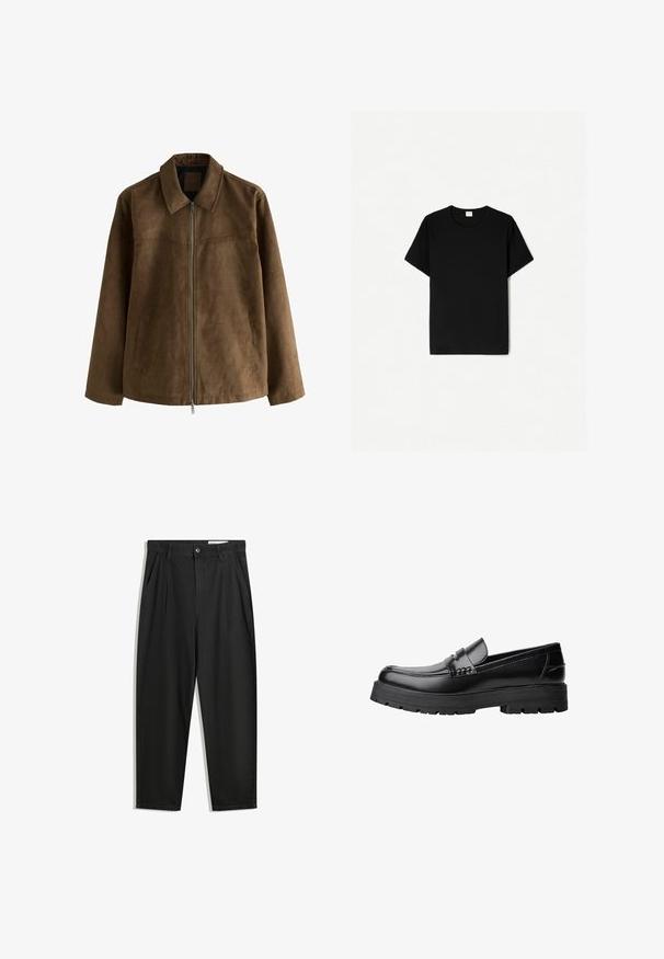 Giacca in suede marrone con maniche lunghe, chiusura frontale con zip, due tasche laterali e colletto a punta.; T-shirt nera a maniche corte, design a collo rotondo, realizzata in morbido cotone, con una texture liscia e senza pattern o dettagli visibili.; Pantaloni in cotone neri con una vestibilità rilassata, dotati di una vita classica, pieghe frontali e tasche laterali. Tessuto liscio senza fantasie.; Mocassino in pelle nera con suola spessa e tassellata e fascia decorativa sulla parte superiore, mostrato in profilo sinistro su sfondo bianco.