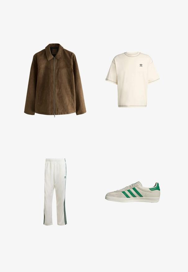 Veste en daim marron avec manches longues, fermeture à glissière sur le devant, deux poches latérales et col pointu.; T-shirt surdimensionné de couleur crème en coton, avec des manches courtes, un col rond et un logo Adidas noir sur la poitrine gauche.; Pantalons de sport blancs avec des bandes latérales vertes, taille élastique et un logo sur le coin supérieur gauche. Fabriqués en tissu léger.; Baskets beiges avec des rayures vertes, dotées d'une semelle blanche et d'un dessus en cuir lisse. Vue de côté mettant en valeur les détails des lacets et le logo.