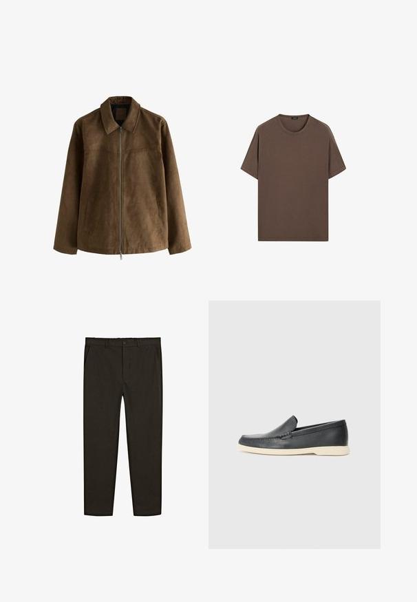 Hnědá semišová bunda s dlouhými rukávy, předním zipovým zapínáním, dvěma bočními kapsami a špičatým límcem.; Hnědé bavlněné tričko s kulatým výstřihem a krátkým rukávem. Jednoduchý design s rovnoměrnou strukturou a uvolněným střihem. Bez vzorů nebo akcentů.; Tmavě hnědé kalhoty z tkané látky s rovnými nohavicemi, předními kapsami a knoflíkovým zapínáním v pase. Hladká textura.; Černé kožené mokasíny na klínku s texturovaným povrchem a kontrastní béžovou gumovou podrážkou. Vyznačují se jemným akcentem podél přední části.
