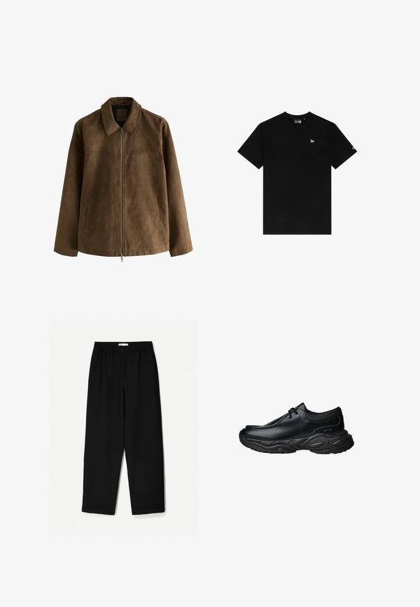 Braune Wildlederjacke mit langen Ärmeln, Frontreißverschluss, zwei Seitentaschen und spitzem Kragen.; Schwarzes Baumwoll-T-Shirt mit Rundhalsausschnitt und kurzen Ärmeln, mit einem kleinen weißen Logo auf der linken Brust und ohne zusätzliche Muster oder Akzente.; Schwarze, weit geschnittene Hose aus leichtem Stoff. Mit elastischem Bund und glatter Textur. Keine sichtbaren Muster oder Beschläge.; Schwarze Leder-Slipper mit runder Spitze und dicker, strukturiertem Gummisohle. Besitzt dezente Nähte und elastische Akzente am Schaft.