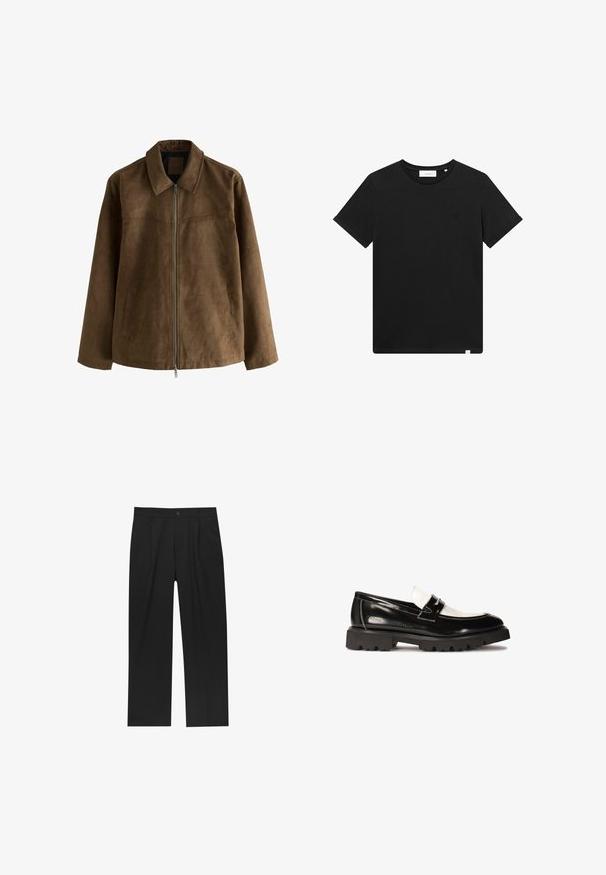 Giacca in suede marrone con maniche lunghe, chiusura frontale con zip, due tasche laterali e colletto a punta.; T-shirt nera a maniche corte in cotone, con scollatura rotonda e un piccolo logo ricamato sul petto. Tessuto liscio, vestibilità standard.; Pantaloni neri con un design a gamba dritta, realizzati in un tessuto liscio. Presentano pieghe frontali e una chiusura a un bottone in vita.; Mocassini in vernice nera con accento in pelle bianca, suola in gomma nera dal battistrada spesso e dettagli cuciti. Texture liscia con una finitura lucida.