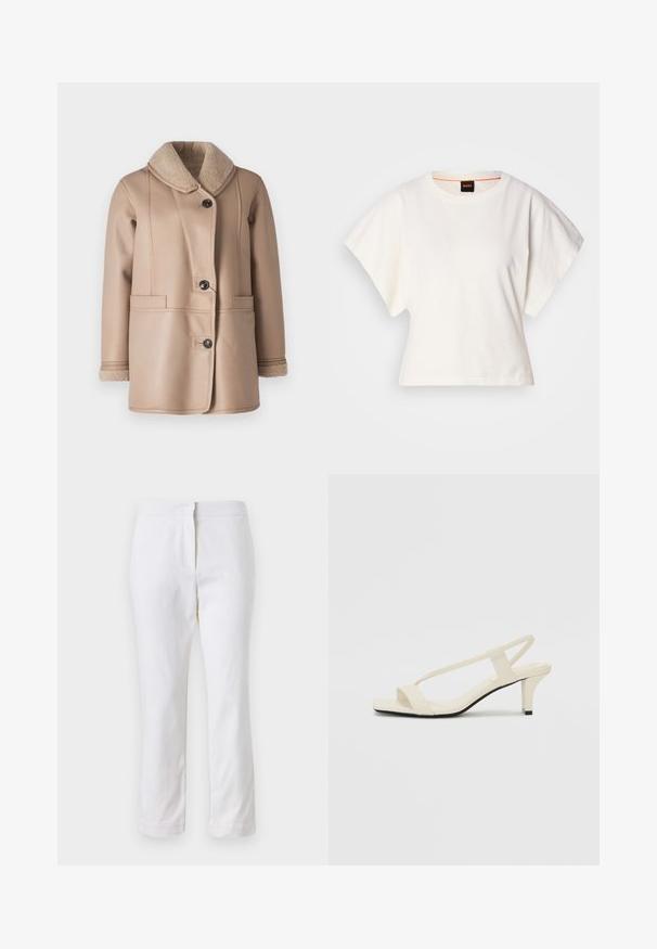 Abrigo de cuero sintético beige con un suave cuello de piel de borrego color marrón claro, dos bolsillos frontales y un cierre de botón. Presenta detalles de costura a lo largo del cuerpo.; Camiseta blanca recortada, con mangas cortas y anchas, material de algodón suave, cuello redondo con un sutil ribete naranja, diseño minimalista, sin patrones ni gráficos.; Pantalones de algodón blancos con un diseño de pierna recta, que cuentan con una cintura de media altura y sin herrajes o patrones visibles. Textura suave en todo su recorrido.; Sandalias de tacón cuadrado en color beige con tiras delgadas y punta cuadrada. Material suave con un diseño minimalista, diseñado para facilitar su uso.